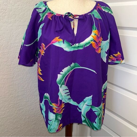 Vintage Hilo Hattie Tropical Print Flutter Short Sleeve Blouse Shirt Top - Picture 1 of 13